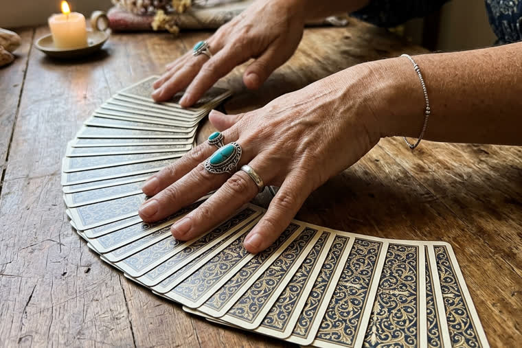 M&atilde;os embaralhando o baralho sobre a mesa de madeira.