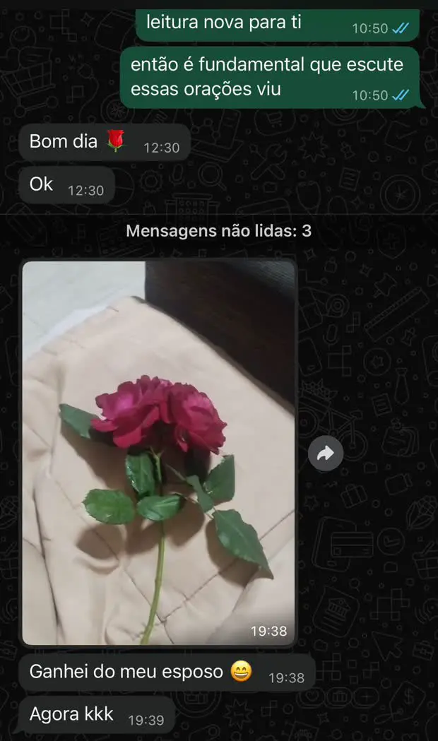 Cliente envia foto de uma rosa que ganhou do marido depois da consulta.