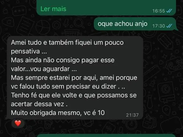 Cliente elogia a leitura e diz que ainda não consegue pagar o valor, sem ser pressionada.
